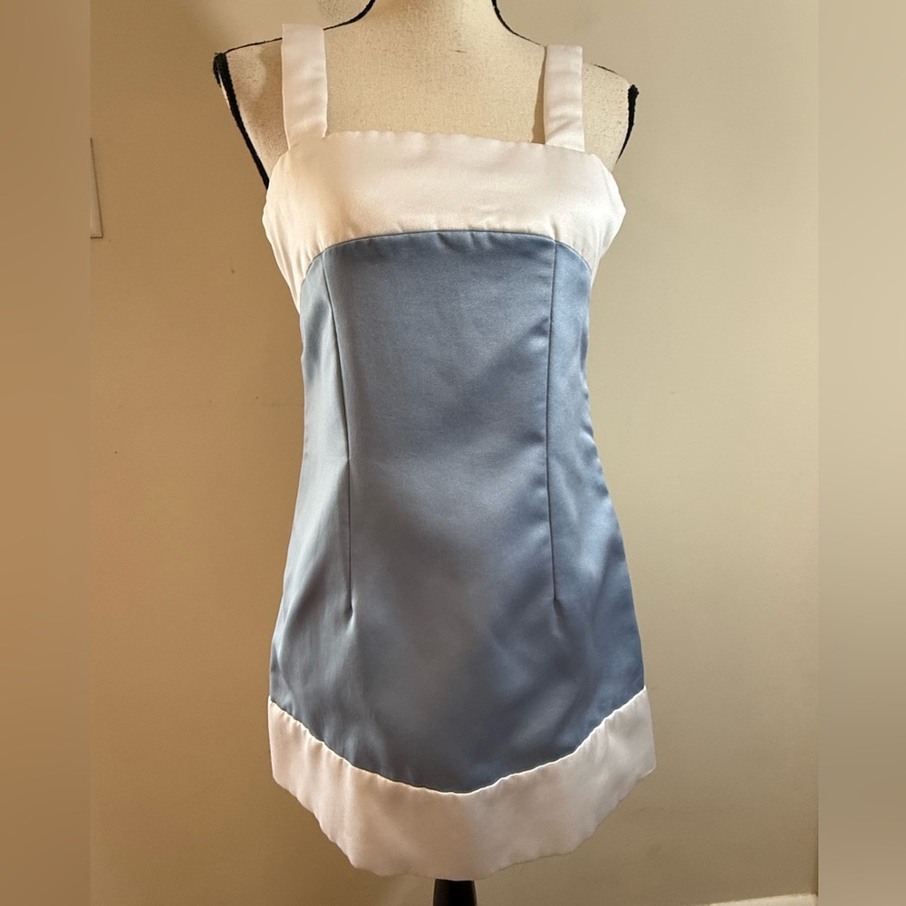 Handmade formal tunic top sky blue with white trim SZ SM